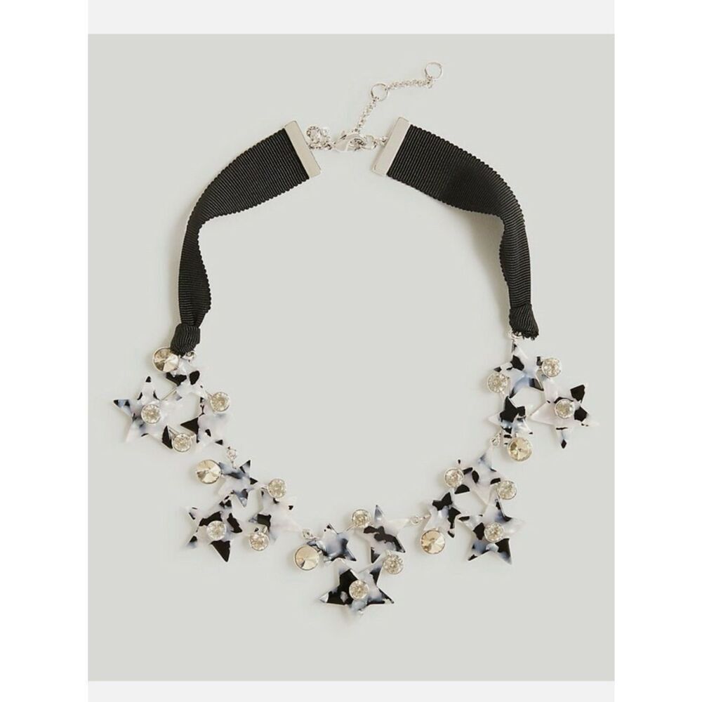 Ann Taylor Black White Tortoise Shell Print Rhinestone Retro Choker Necklace